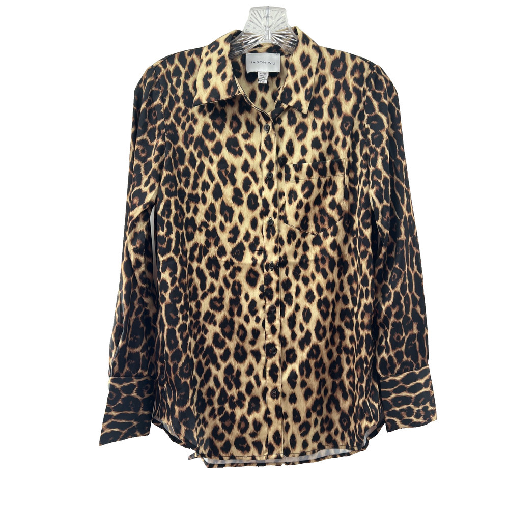 Jason Wu Womens Tan Brown Black Leopard Print Satin Button Down Blouse Size XS